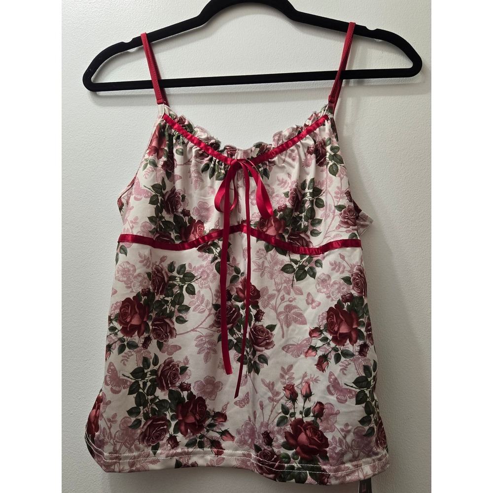 ROMWE Floral Rose‎ Cami Top Women L Red Ribbon Bow Cottagecore